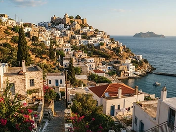 The stone hillside village of Glossa on Skopelos, with the sea and a smaller island beyond.