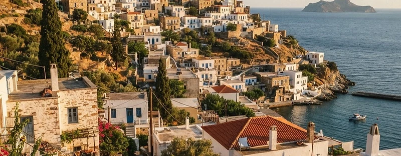 The stone hillside village of Glossa on Skopelos, with the sea and a smaller island beyond.