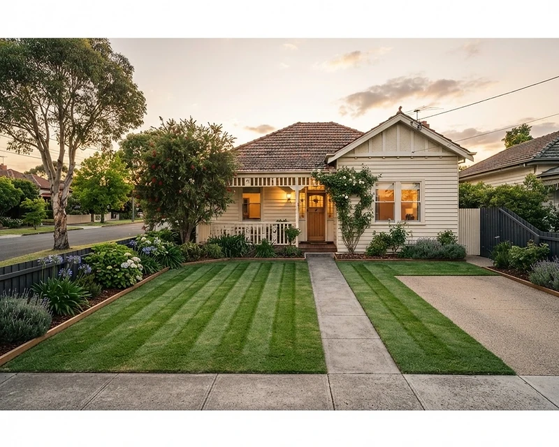 A freshly mown suburban front lawn and family home