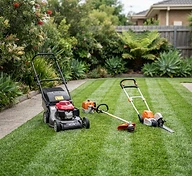 Lawn care equipment on a Melbourne lawn