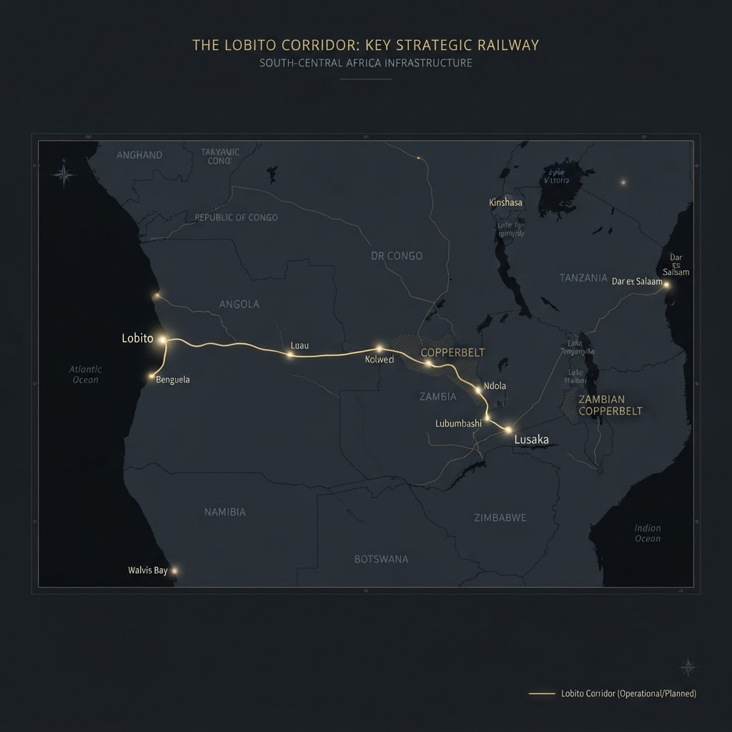 Map of the Lobito Corridor route from the Atlantic port of Lobito across Angola, DR Congo and Zambia