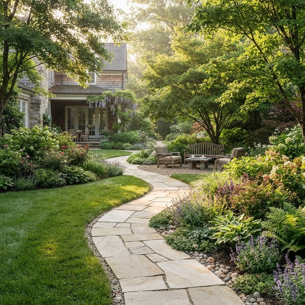 A lush manicured backyard with a stone path