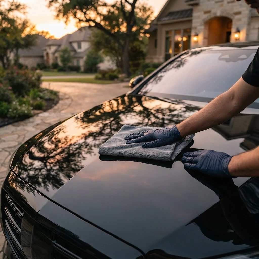 A glossy black car being hand-detailed in a driveway at golden hour