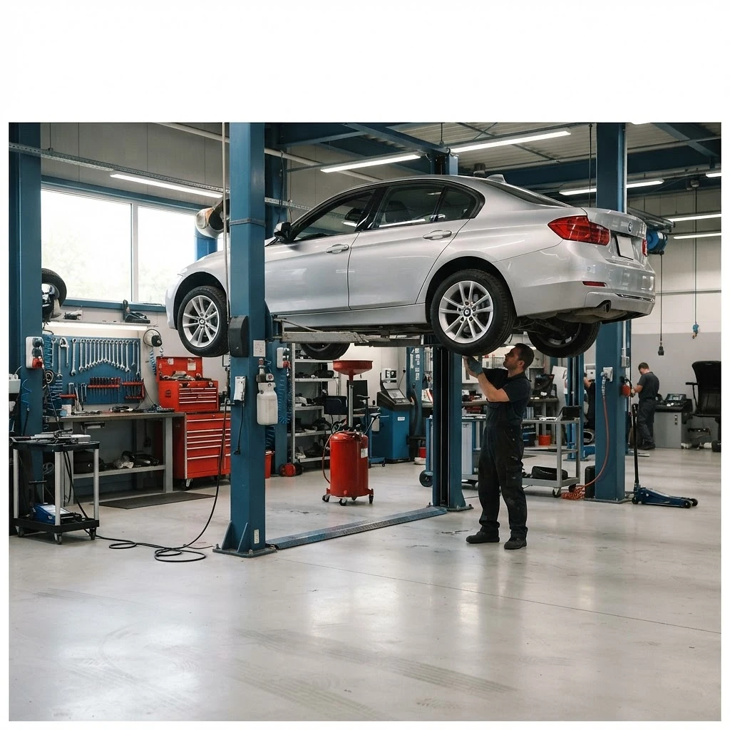 A clean well-lit auto shop bay with a car on a lift