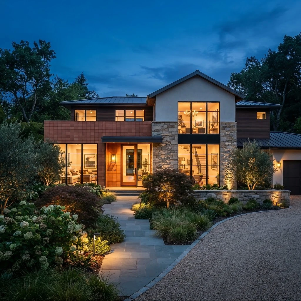 A welcoming modern home exterior with warm lights on
