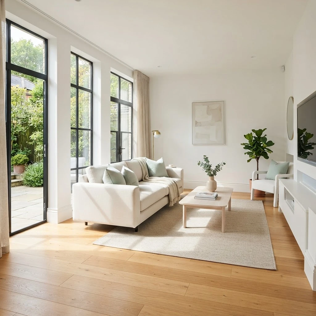 A bright spotless modern living room with sunlight