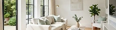 A bright spotless modern living room with sunlight