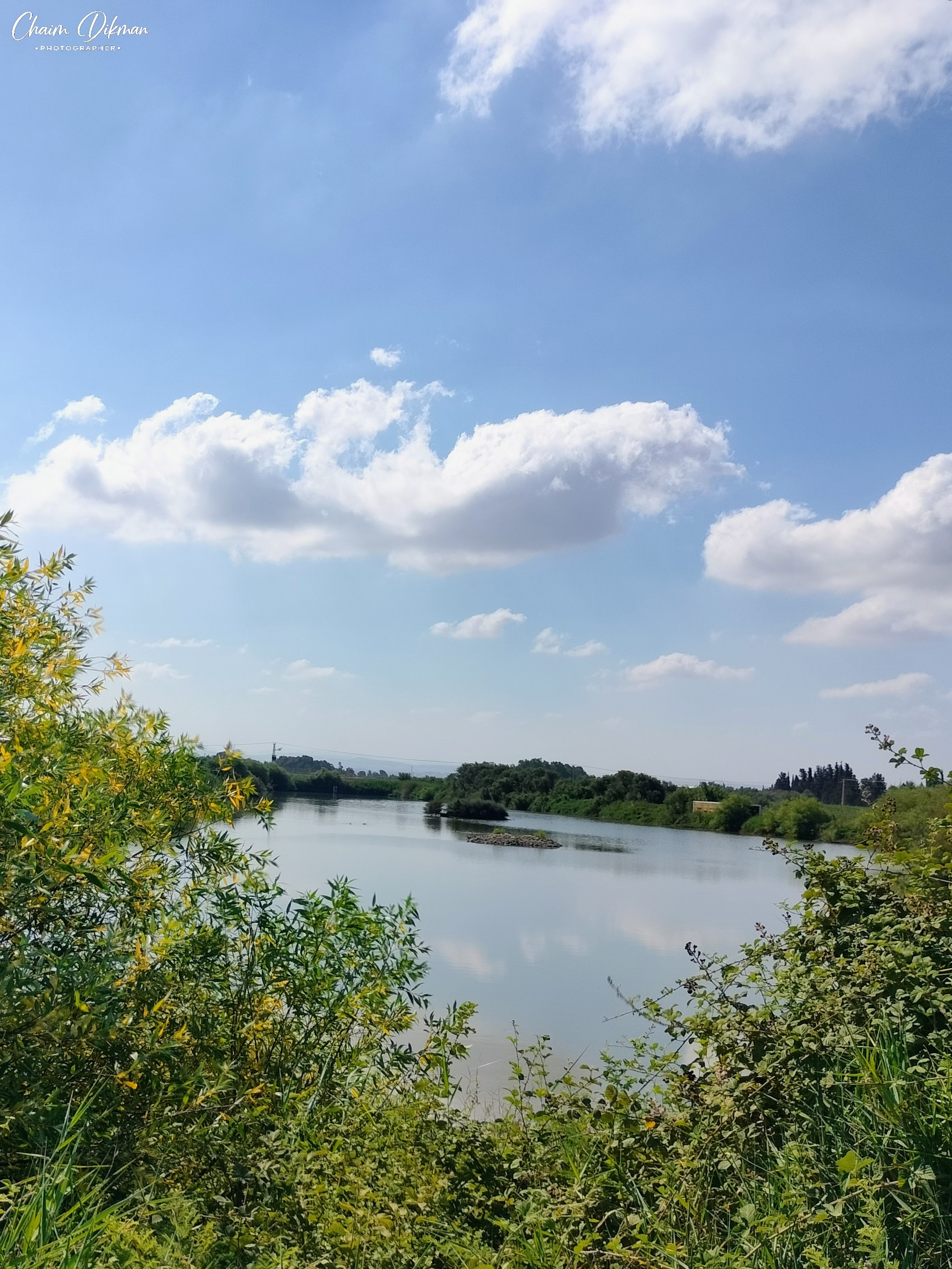 נוף שליו ומרהיב נשקף אל מימיו השקטים של אגמון חפר, כאשר צמחייה ירוקה עוטפת את המסגרת ומעניקה תחושת עומק. בשמיים בהירים מעוטרי עננים רכים, משתקפת דמותו של האגם, בעוד במרכזו ניתן להבחין בנקודות זעירות של עוף מים הנהנה מהסביבה הטבעית והפסטורלית המאפיינת את האזור ביום שטוף שמש זה.