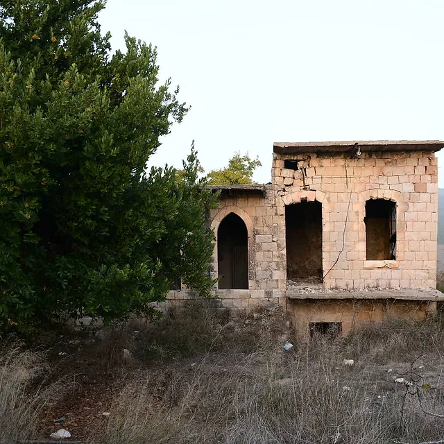 צילום דוקומנטרי מרשים של מבנה אבן נטוש ומתפורר, המוקף בצמחייה עבותה וצמחייה יבשה. הקומפוזיציה המאוזנת מדגישה את הניגוד בין המבנה העתיק והארכיטקטורה המיוחדת לבין הטבע הפראי המשתלט. תאורת היום הרכה מאפשרת פירוט טוב בטקסטורות האבן והעלים, תוך שמירה על אווירה נוסטלגית ומסתורית האופיינית למקומות שנזנחו עם הזמן.