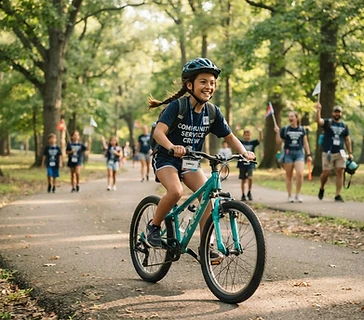 Older child cycling during an outdoor mission