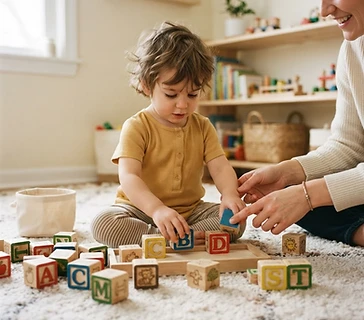 Toddler playing with phonics letter blocks