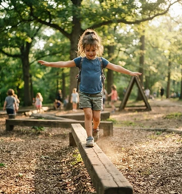 Child balancing on an outdoor obstacle course