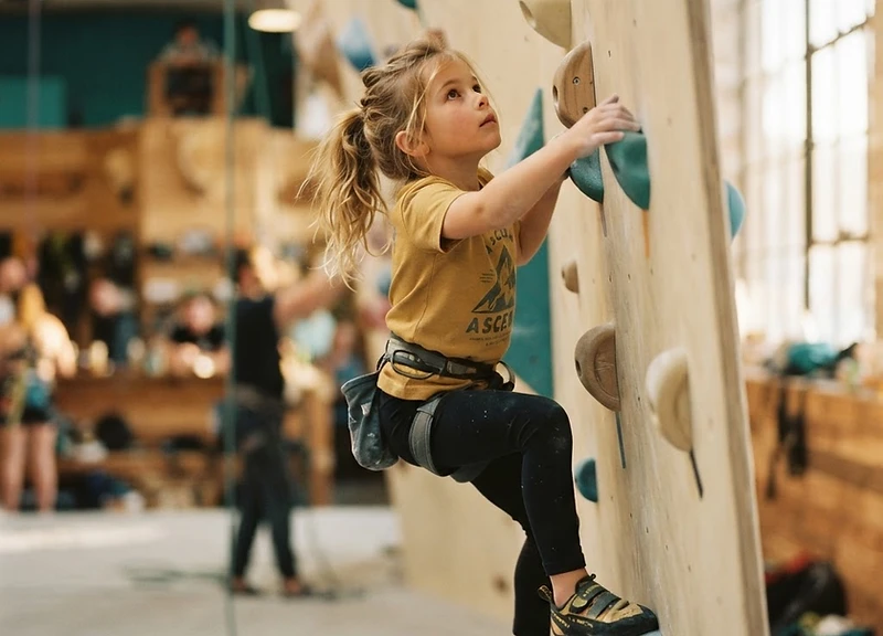 Child climbing an indoor bouldering wall