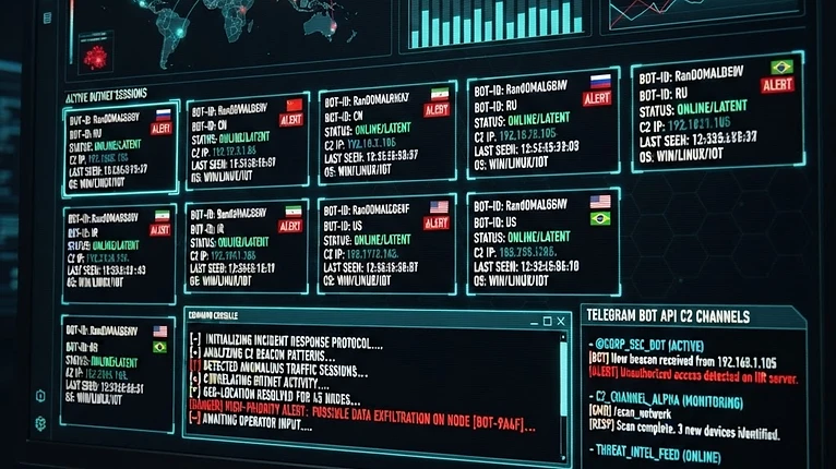 Simulated reconstruction of a Millenium RAT command-and-control dashboard — session list, command console, and Telegram C2 channel. Hypothetical, defensive visualization.