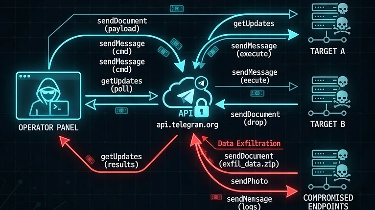 Diagram of Telegram Bot API command-and-control message flow between the operator panel and compromised endpoints via api.telegram.org.