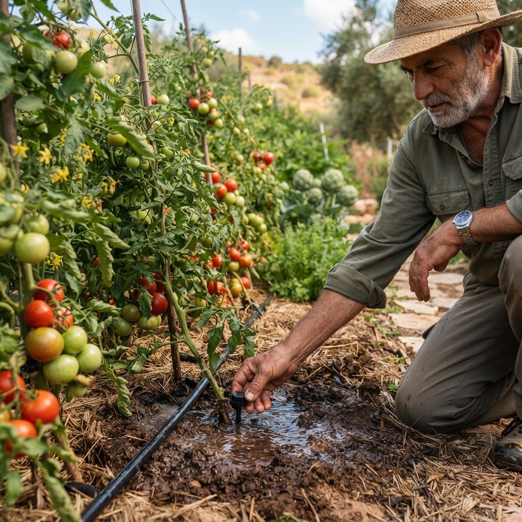 גנן בודק טפטפת בגינת ירק עם עגבניות