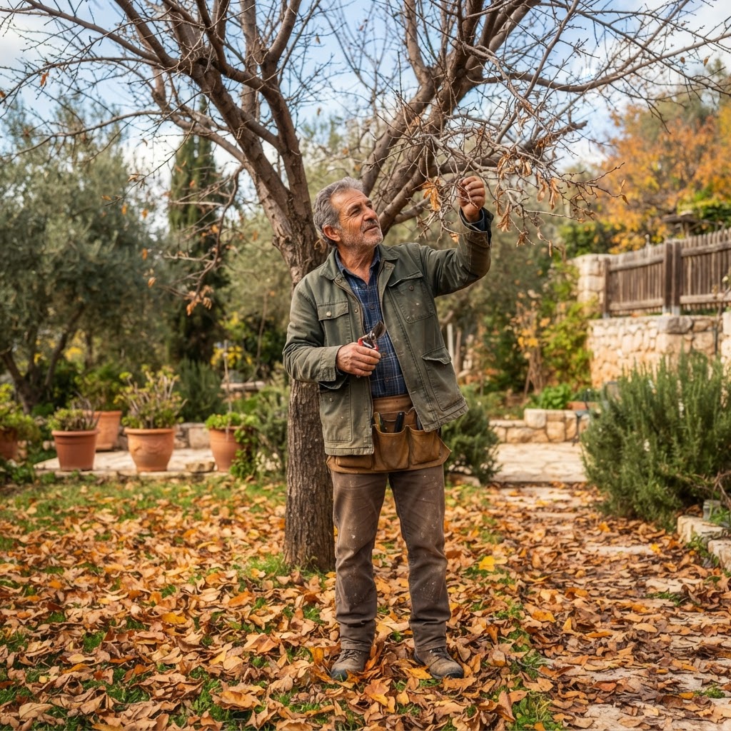 גנן בודק ענפים של עץ בגינה בסתיו