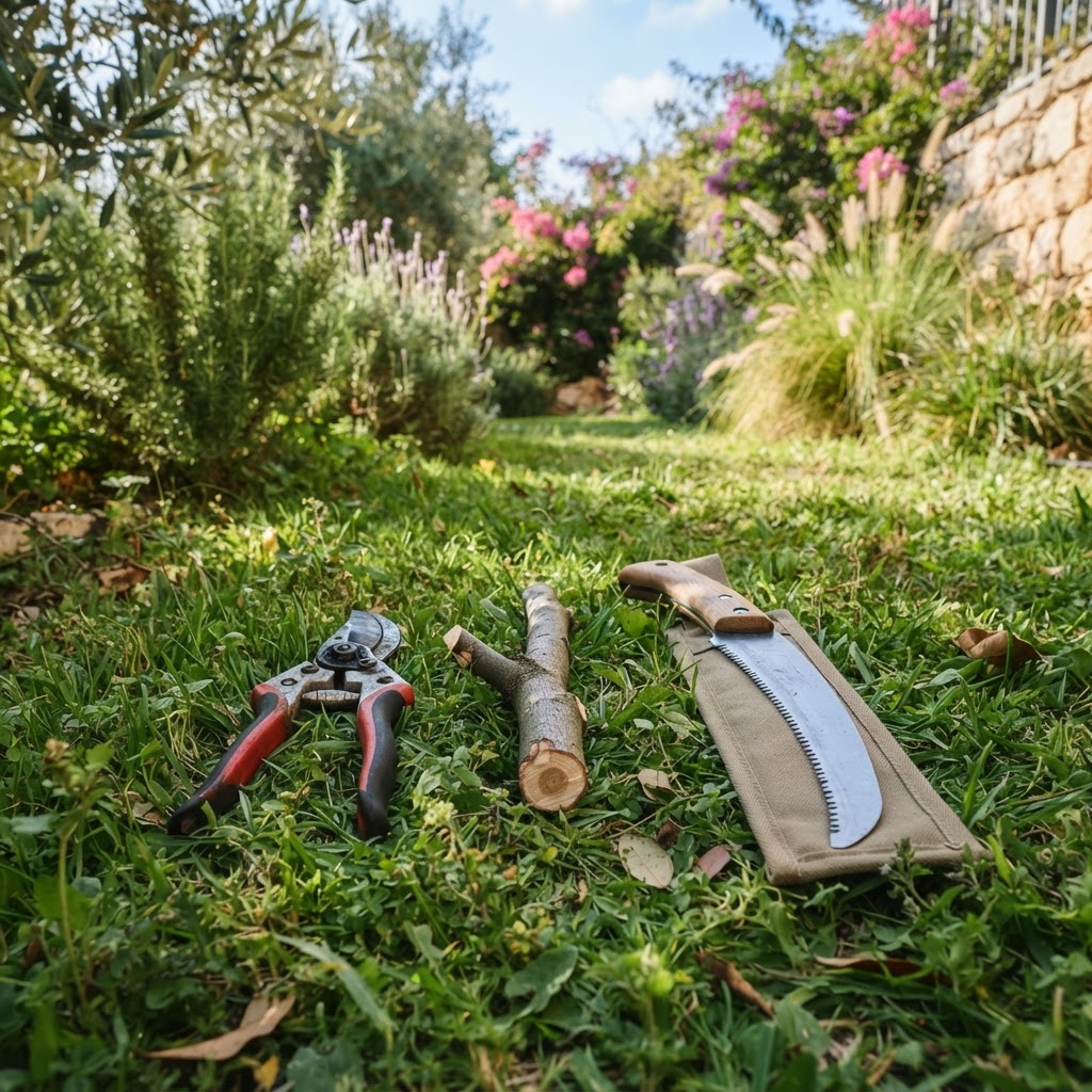 כלי עבודה לגיזום מונחים על דשא