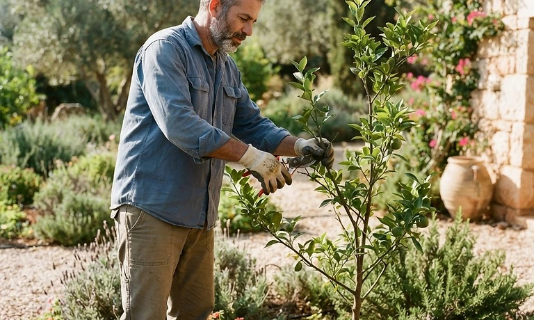 גנן גוזם עץ פרי בגינה