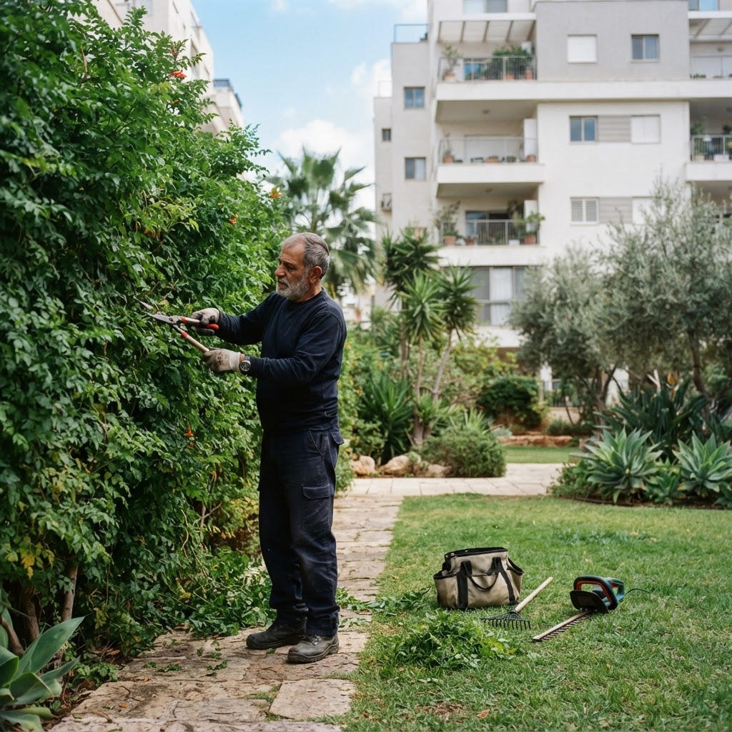 גנן לבוש בגדי עבודה כהים מגזם בקפידה שיח ירוק גבוה בחצר בניין מגורים, עם כלי עבודה מונחים על הדשא לידו ובניין רב-קומות נראה ברקע. גנן מקצועי מגזם שיחים בגינת בניין
