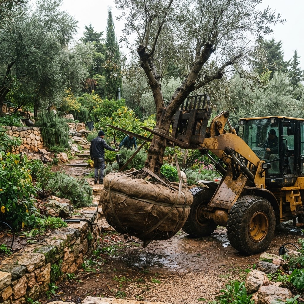 מנוף מעתיק עץ בוגר בגינה
