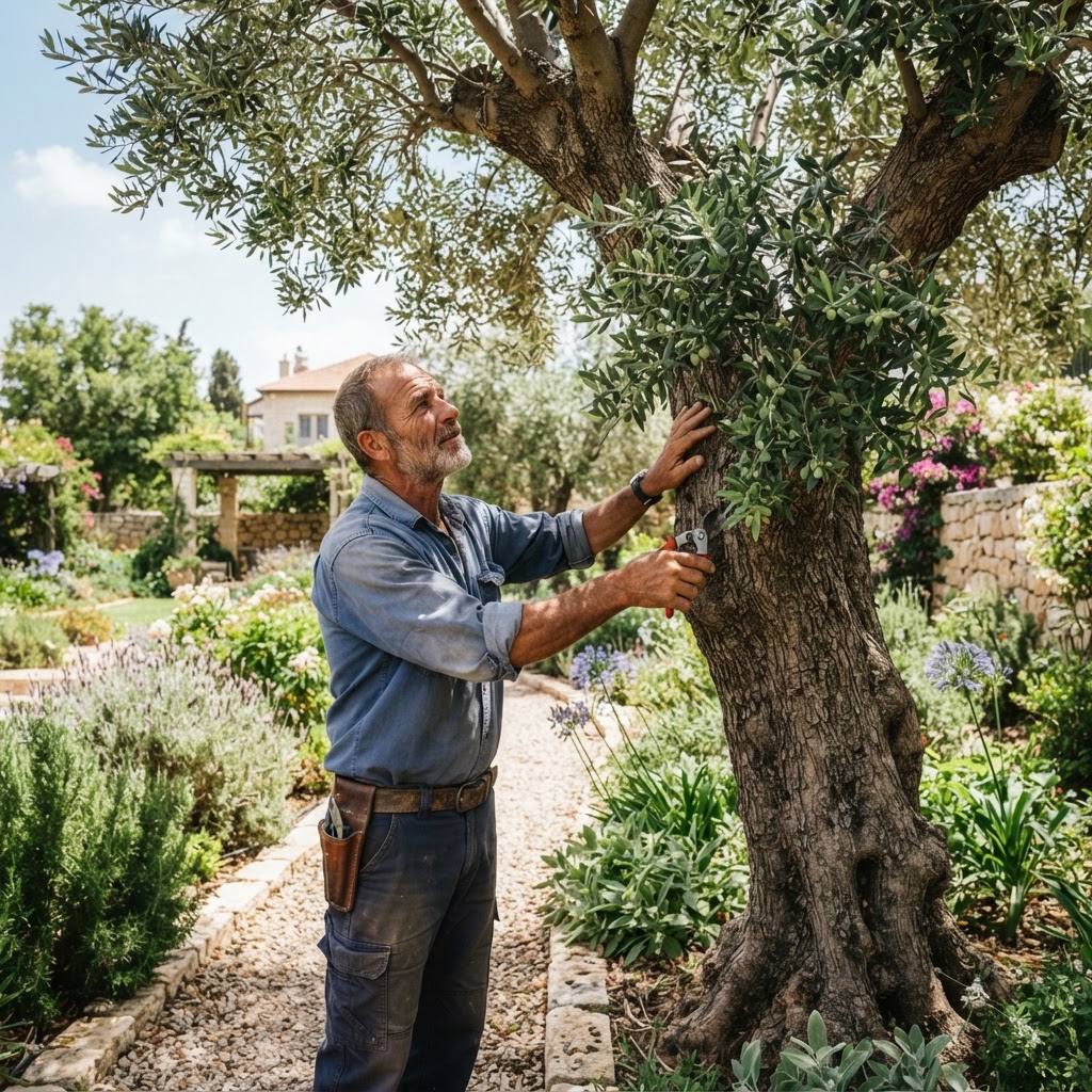 עץ בוגר בגינה ביתית עם גנן עובד לידו