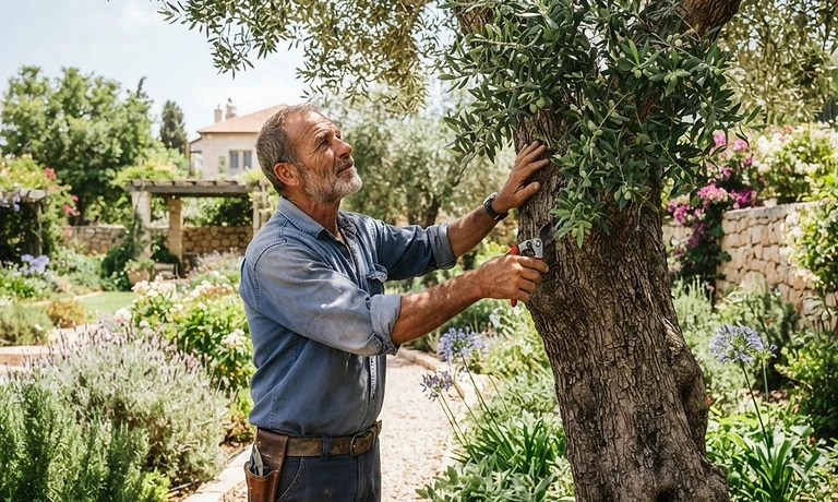 עץ בוגר בגינה ביתית עם גנן עובד לידו