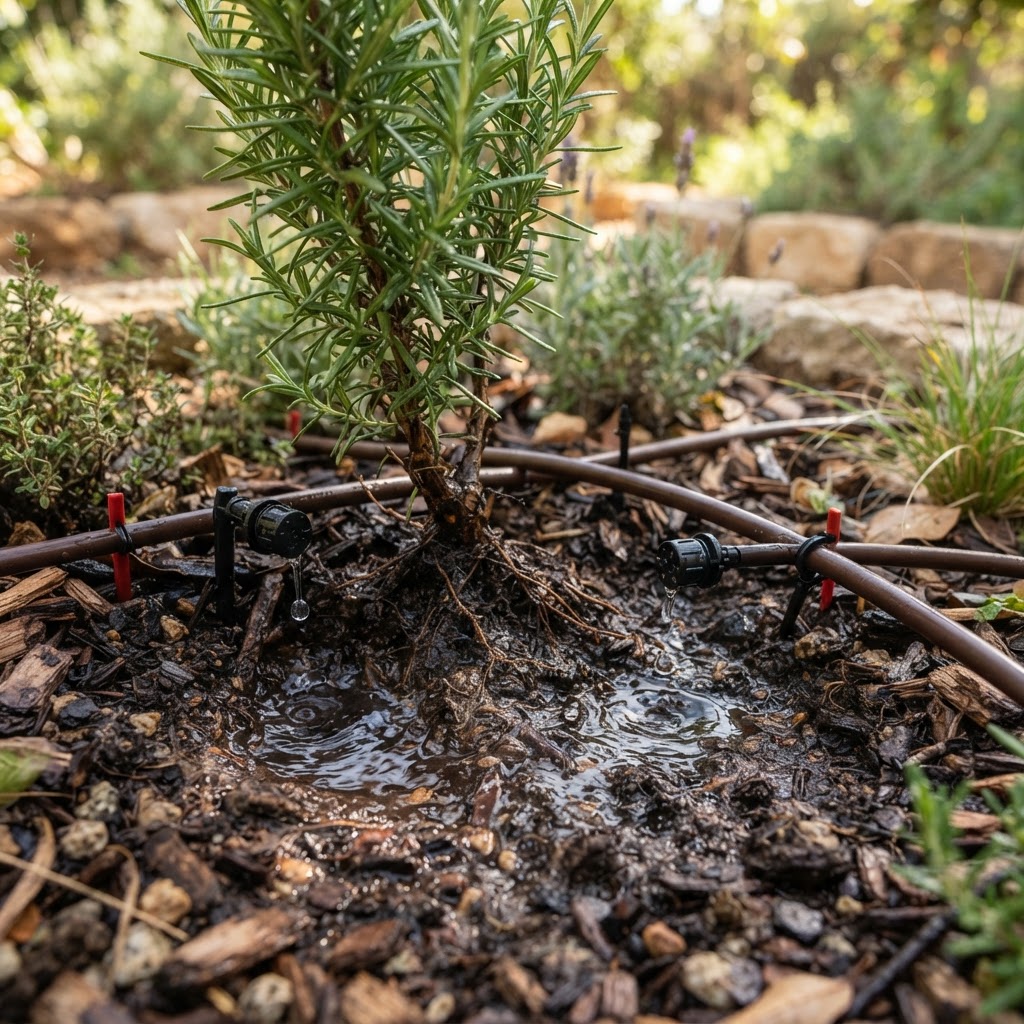 מקרוב של ראשי טפטוף קטנים מטפטפים מים לאדמה לחה סביב שורשי צמח, רקע של אדמה חומה עם שבבי עץ ראשי טפטוף על עציץ בגינה