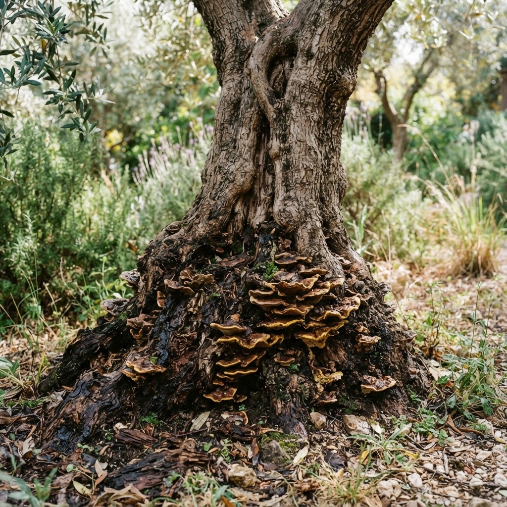 צילום תקריב של פטריות וסימני ריקבון המופיעים בבסיס גזע של עץ עתיק, מעיד על בעיה פנימית. פטריות צומחות על בסיס גזע של עץ