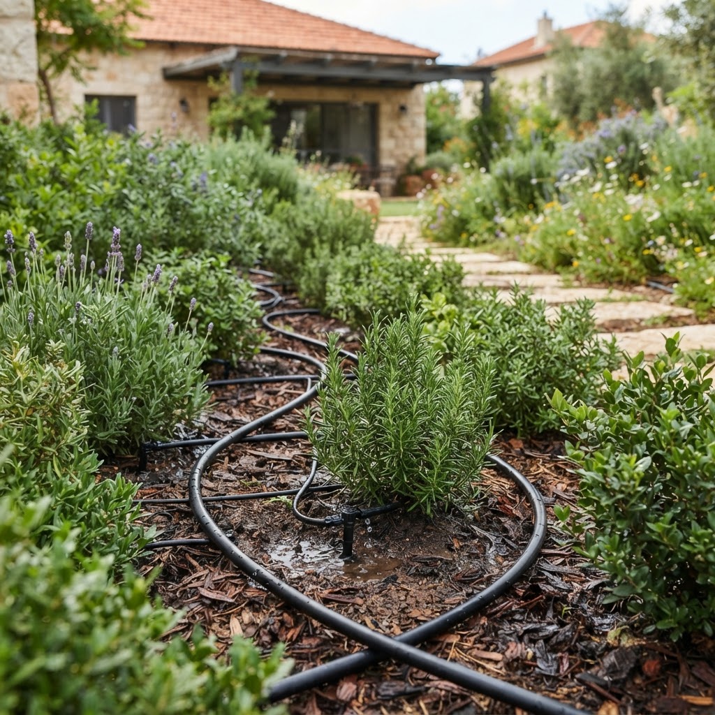 צינורות טפטוף מונחים בין שיחים בגינה ירוקה