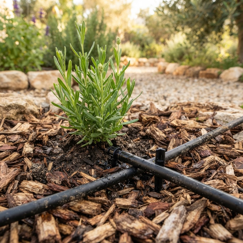 מבט מקרוב על צינור טפטוף המונח על פני שכבת חיפוי אורגני (מולץ) סביב בסיס של צמח צעיר. צינור טפטוף בגינה מעל שכבת מולץ