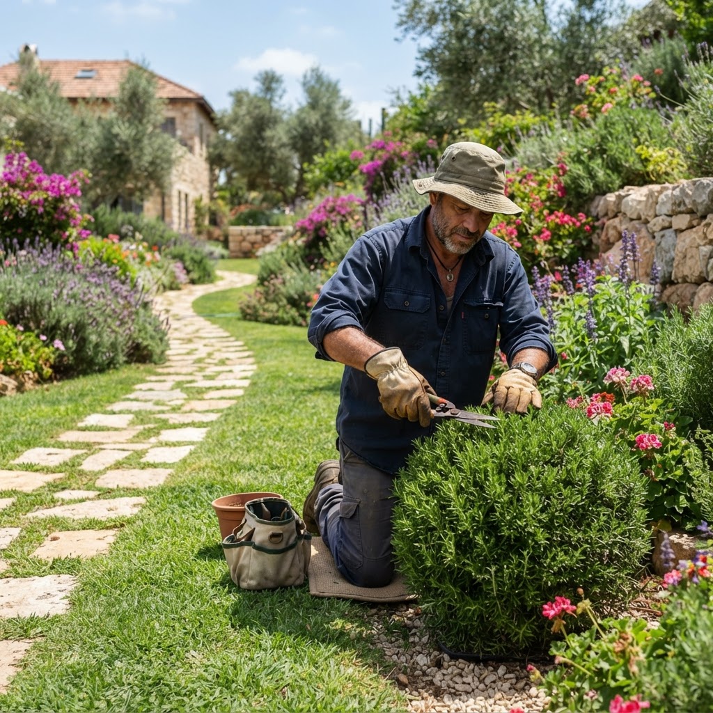 גנן מקצועי עובד בגינה פרטית מטופחת
