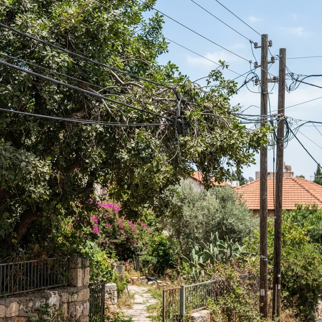 ענפי עץ המשתלשלים בקרבת קווי חשמל, המדגימים את הצורך בגיזום מבוקר ומקצועי למניעת סכנות. ענפי עץ צומחים ליד כבלי חשמל