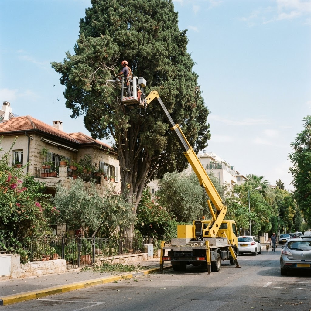 ג'יפ עם מנוף מקצועי מוצב ברחוב שכונתי ועליו גוזם בגובה שמטפל בכתר עץ גדול הסמוך לבית מגורים גוזם מקצועי על מנוף מגזם עץ גבוה בשכונה