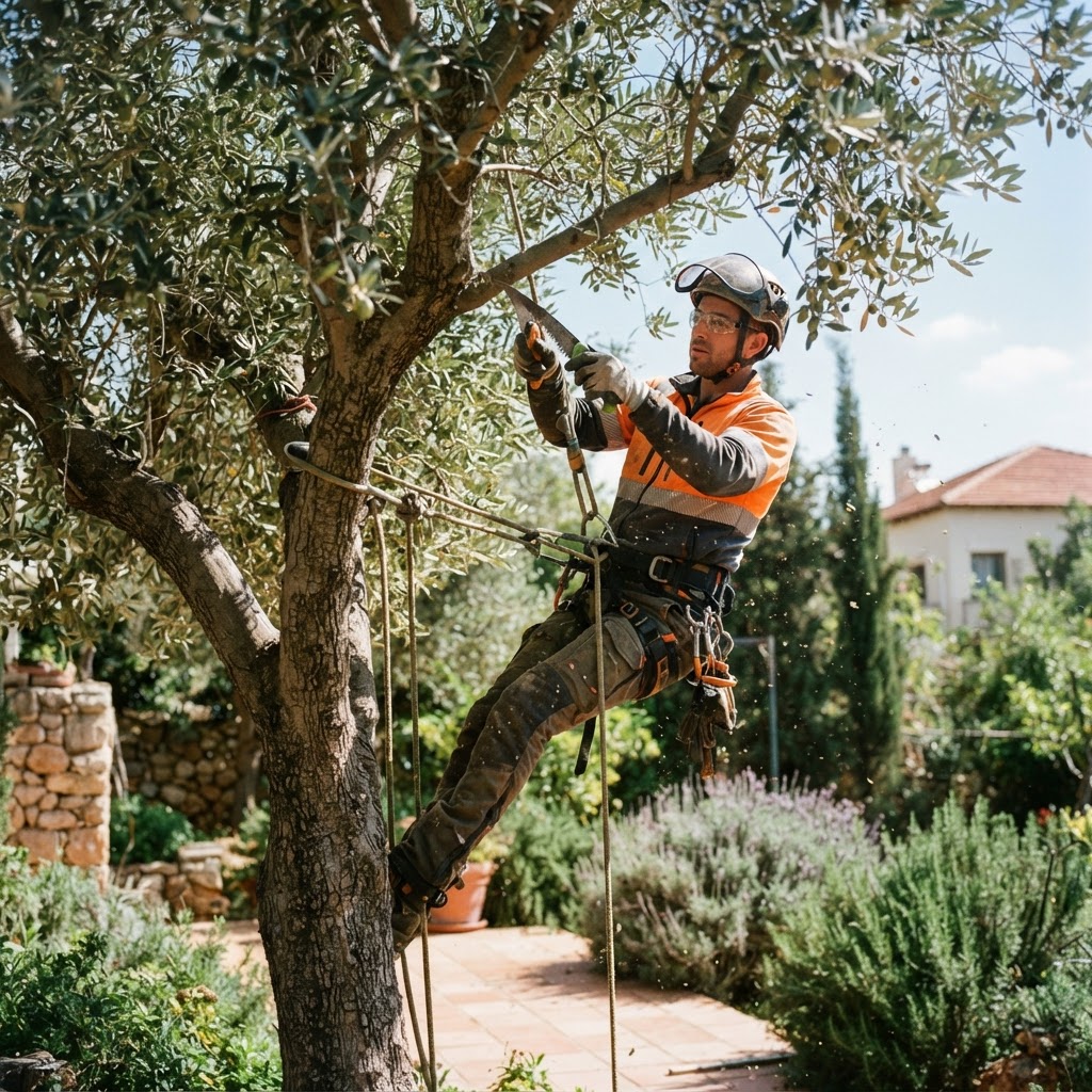גוזם עצים מקצועי בציוד בטיחות מבצע עבודת גיזום בגינה