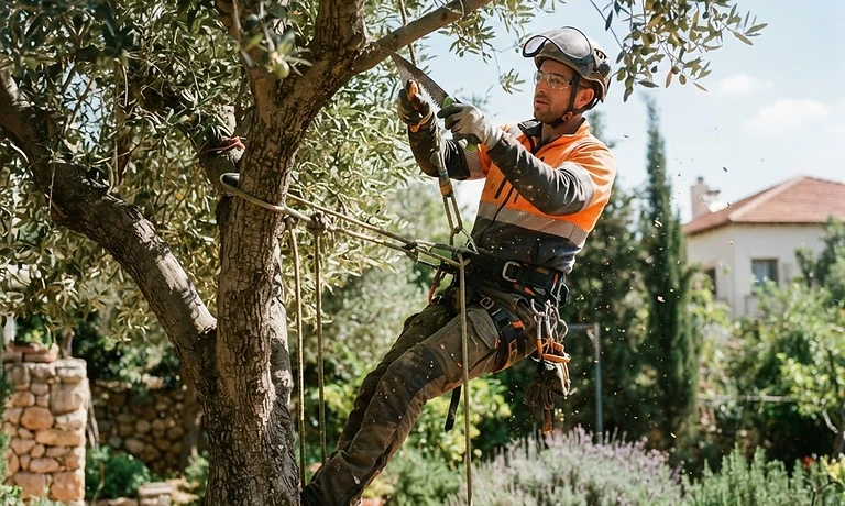 גוזם עצים מקצועי בציוד בטיחות מבצע עבודת גיזום בגינה