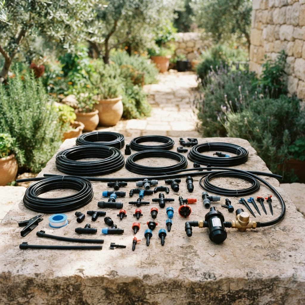רכיבי מערכת טפטוף מונחים על שולחן לפני ההתקנה
