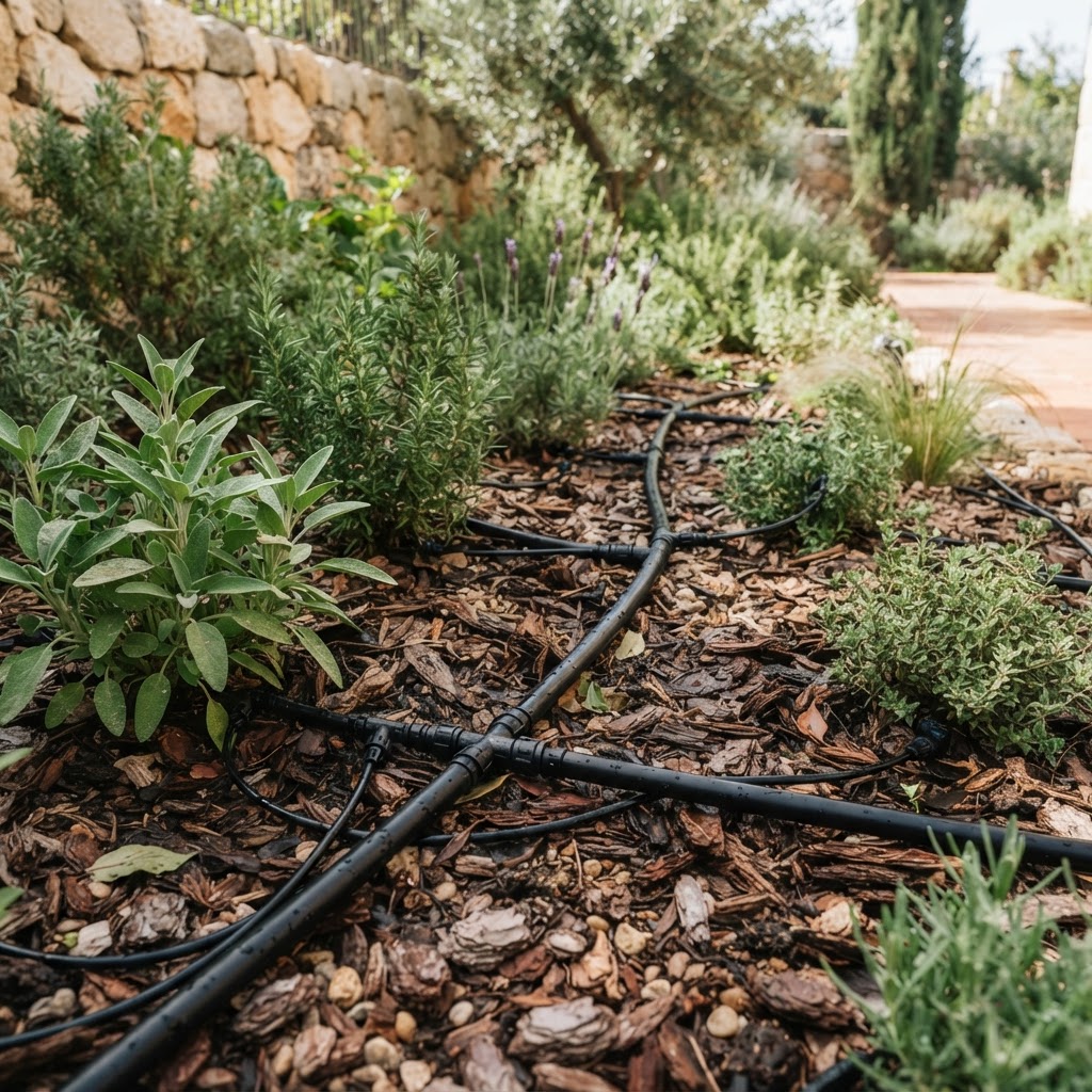 מערכת צינורות טפטוף בין שיחים