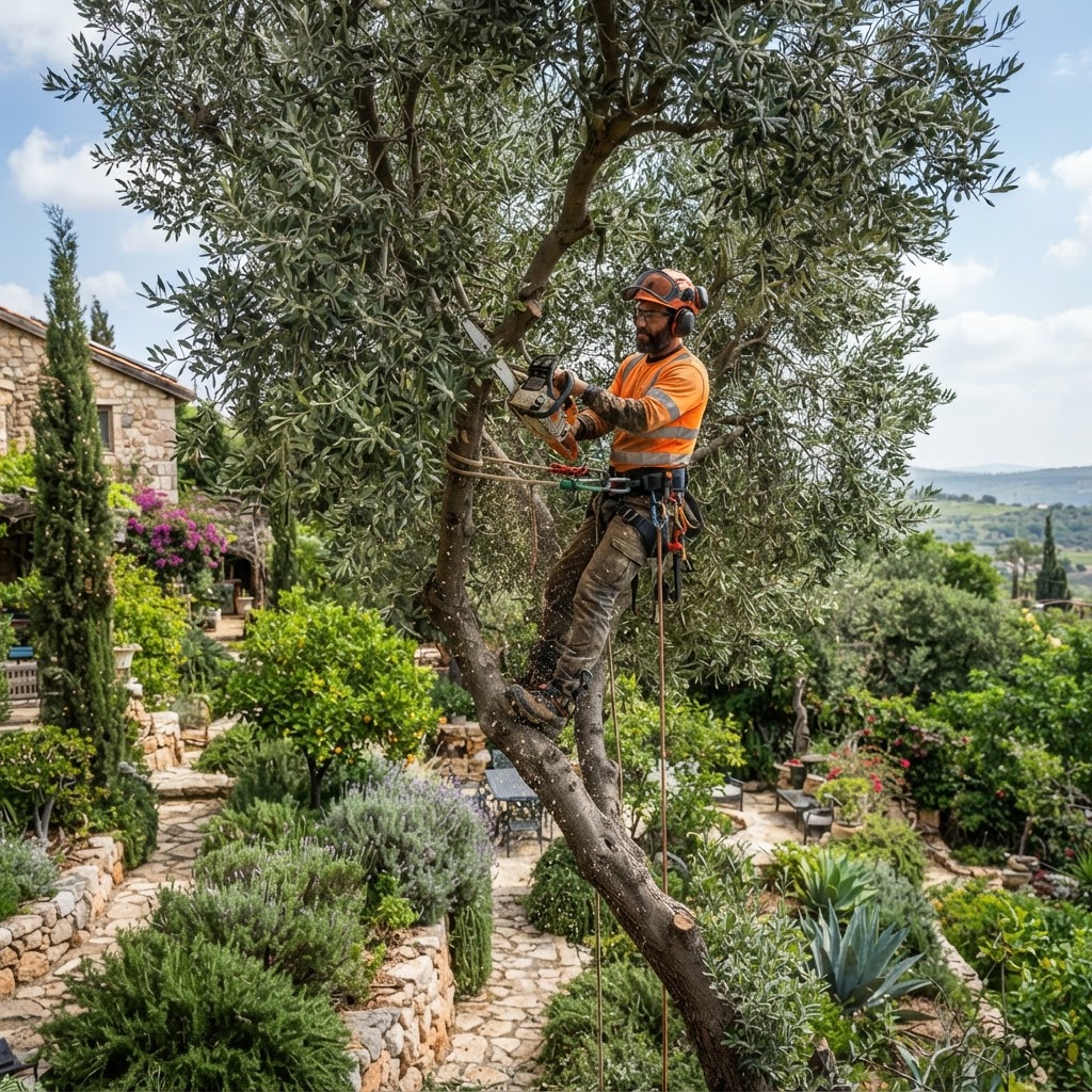 גוזם מקצועי עובד בטוח על עץ גבוה
