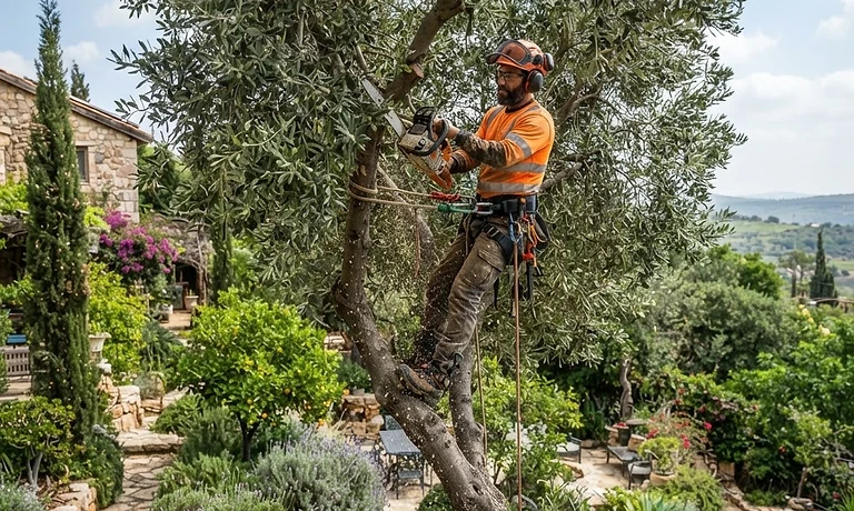 גוזם מקצועי עובד בטוח על עץ גבוה