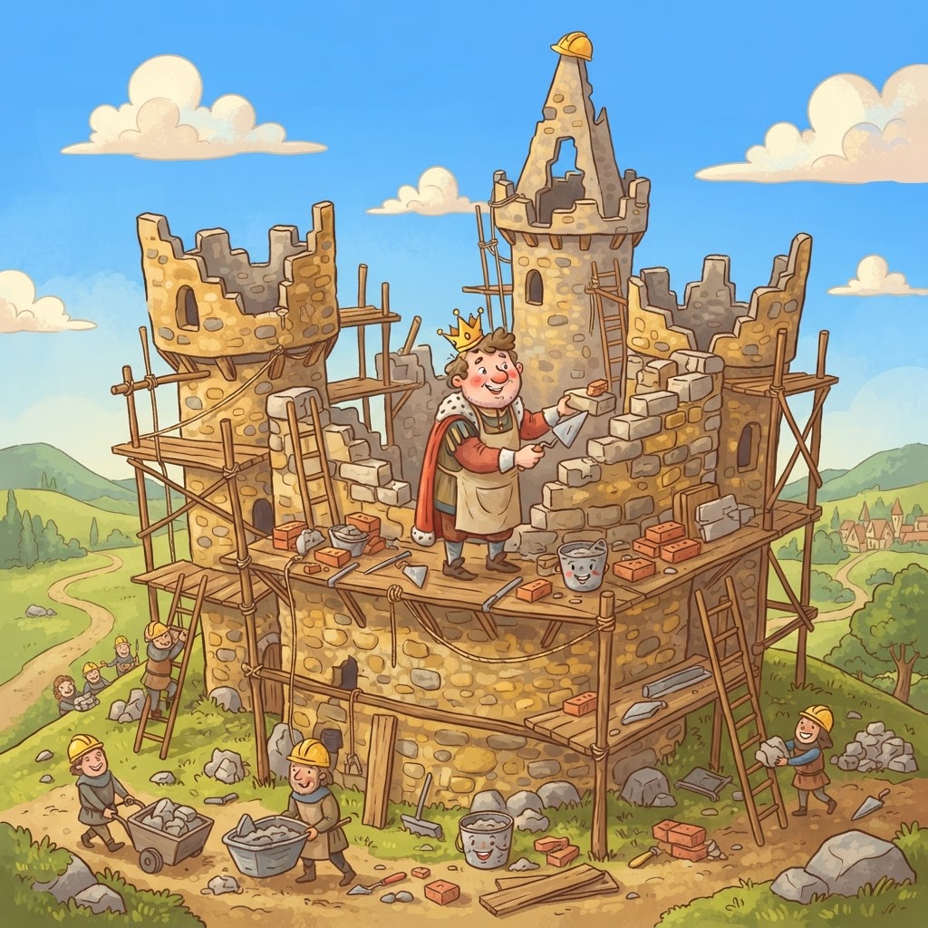 A royal castle being built by a bricklayer king