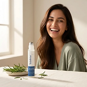 Smiling woman with healthy long hair beside Rosemary hair growth rollerball serum