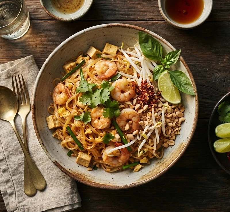 Pad Thai med lime, urter og chili på et mørkt bord