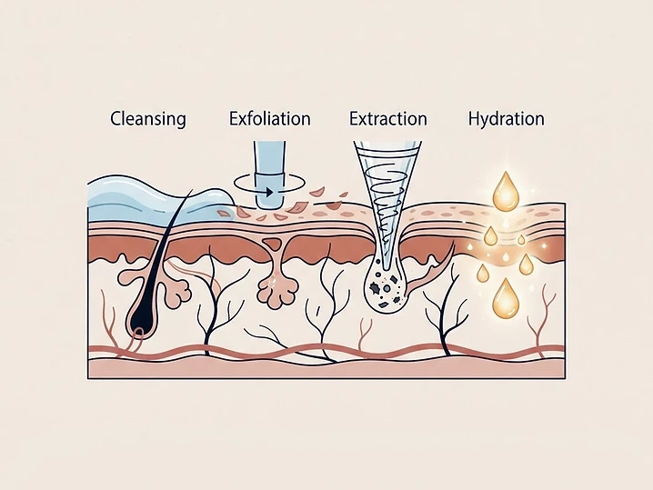 Une séance, quatre temps : nettoyage et exfoliation douce, désincrustation, extraction par vortex, puis infusion de sérums hydratants et antioxydants.
