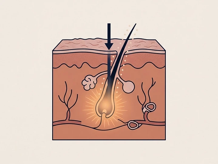 Le laser cible la mélanine du bulbe pileux : l'énergie est absorbée en profondeur et détruit le follicule, en épargnant la peau autour.