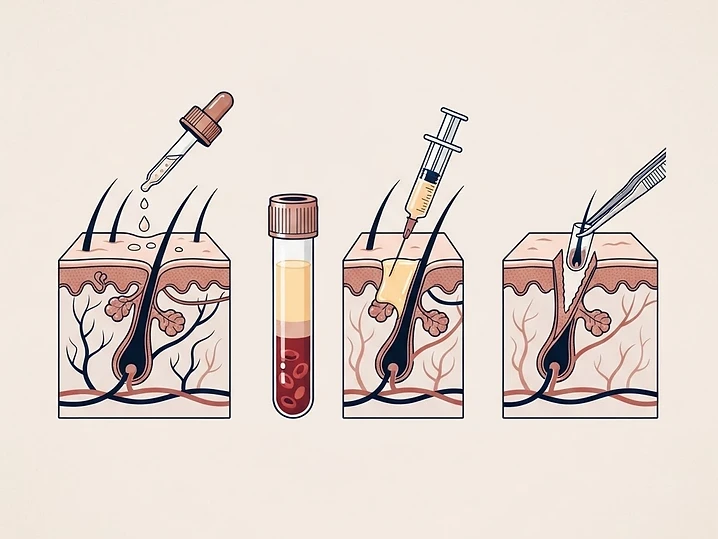 Trois leviers différents : le traitement topique (minoxidil), la médecine régénérative injectée (PRP, exosomes, mésothérapie) et la greffe des follicules encore vivants.