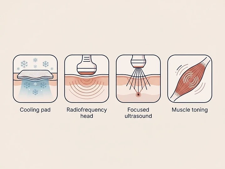 Quatre technologies, quatre actions : le froid détruit la graisse, la radiofréquence raffermit, le HIFU lift en profondeur, l'électrostimulation tonifie le muscle.