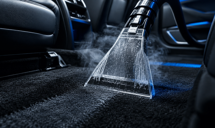 Professional extractor deep-cleaning the interior of a modern vehicle