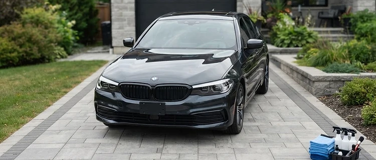 Freshly detailed clean car with professional detailing supplies
