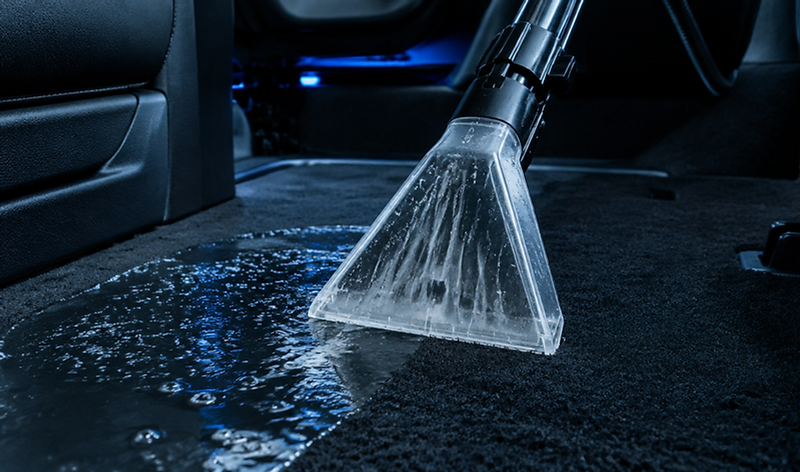 Water being extracted from soaked car floor carpet